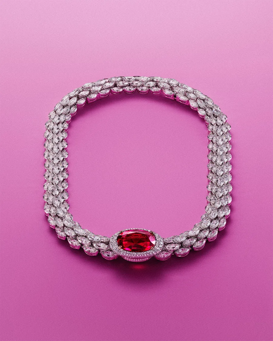 Messika Collier Python Rubellite mit fünf Reihen Marquise-Diamanten und einem Rubellit von 13,54 Karat